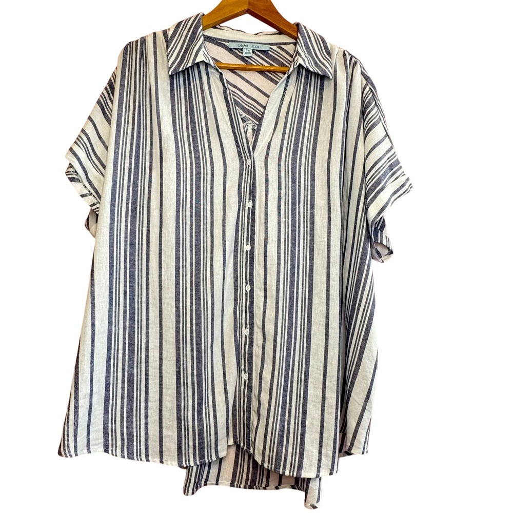 BLUE SOL Top XXL Blue‎ White Stripe Cap Sleeve Preppy Cotton Casual Classic